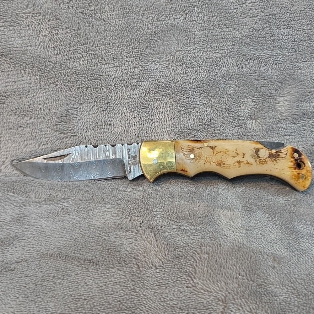 Delta Knives Damascus 3 Inch‎ Drop Point Brass Carved Skull Wings...